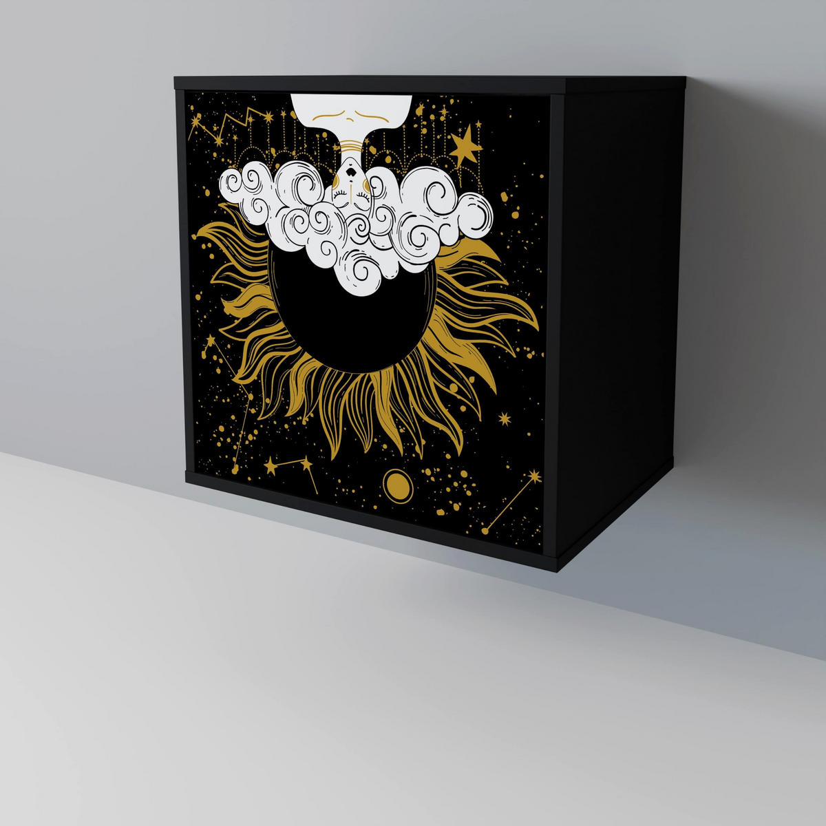 SIDEBOARD STELLAR CONSTELLATIONS, Schwarz, 57,5x42x75,5 cm, Goldfarbene Metallfüße - Goldfarben/Multicolor, Holzwerkstoff/Metall (57.5/75.5/42cm) - SpaceRebels