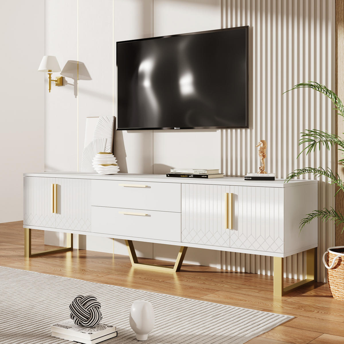 TV-SCHRANK in Hochglanz Weiß mit goldfarbenen Füßen und Griffen 170/40/53.5 cm - Weiß, Holzwerkstoff (170/53/40cm) - Redom