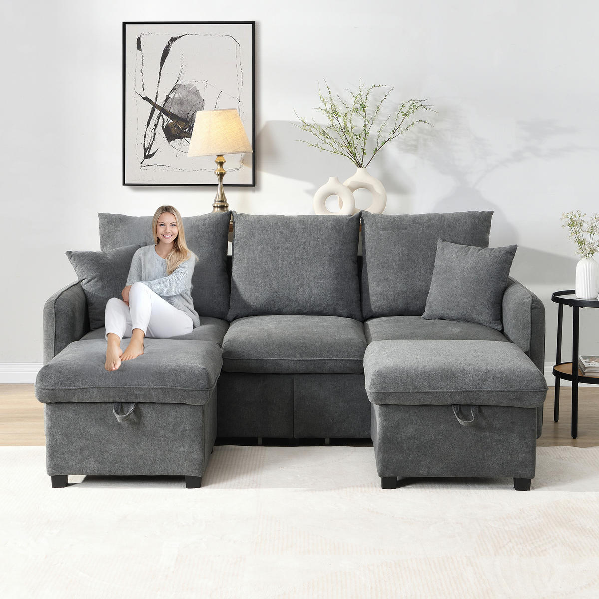 WOHNLANDSCHAFT U-Form Dreisitzer mit Schlaffunktion und Staufunktion Chenille Dunkelgrau 220/140/85 cm - Dunkelgrau, Kunststoff (188/86/186cm) - OKWISH