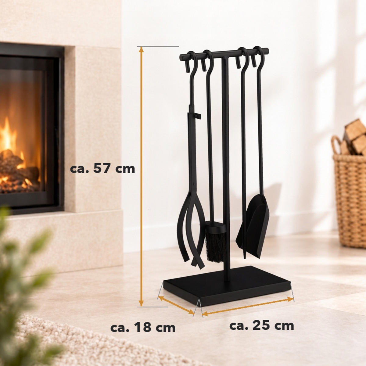 KAMINBESTECK Schwarz 5-tlg Stahl mit Ständer - Schwarz, Metall (25/57/18cm) - Relaxdays