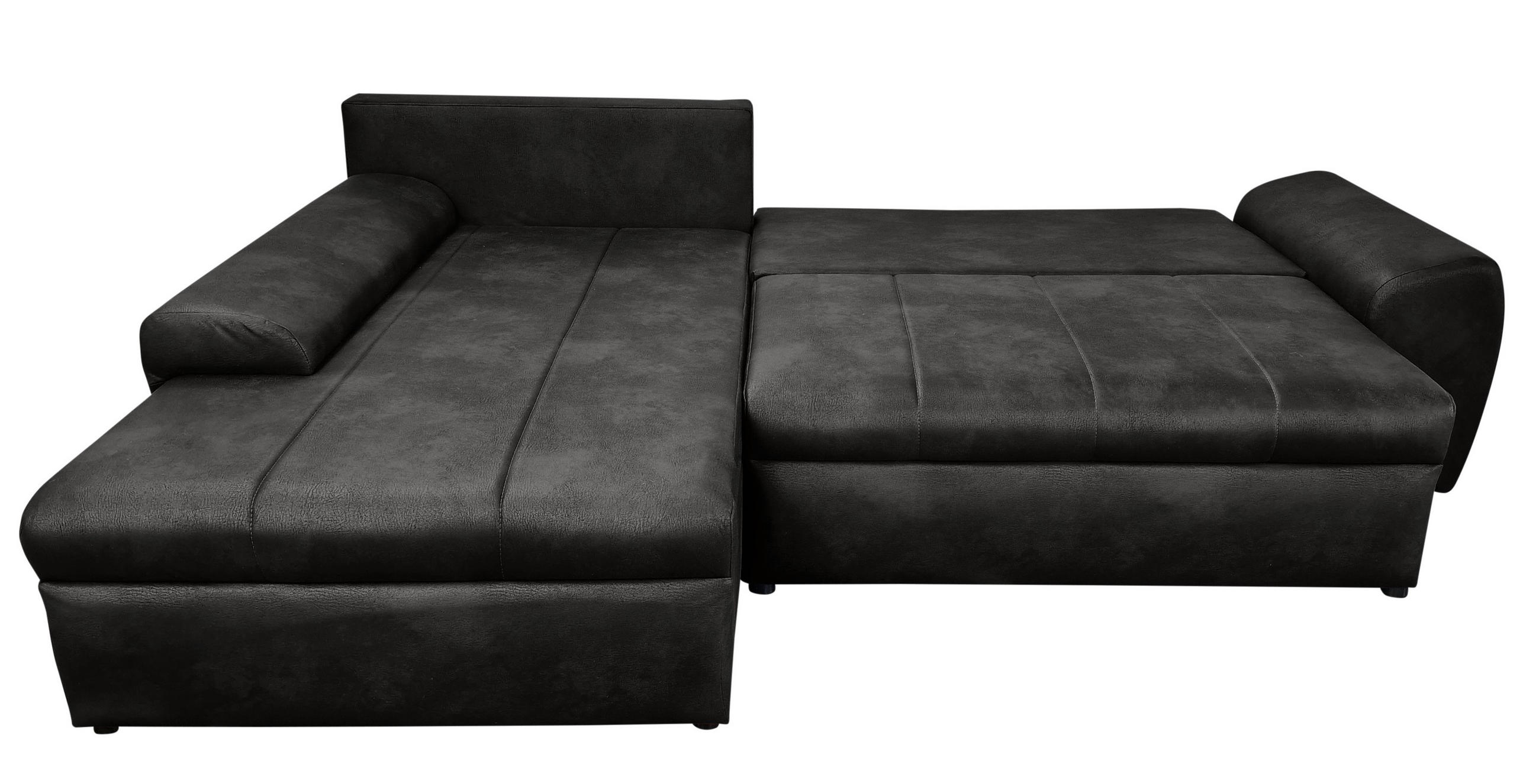 ECKSOFA mit Schlaffunktion, Bettkasten, Wellenunterfederung, Ottomane links B266/T186/H90 cm, Mikrofaser Leder-Optik Vintage Schwarz / 18016 - Schwarz, Kunststoff/Textil (266/186cm) - luma-home