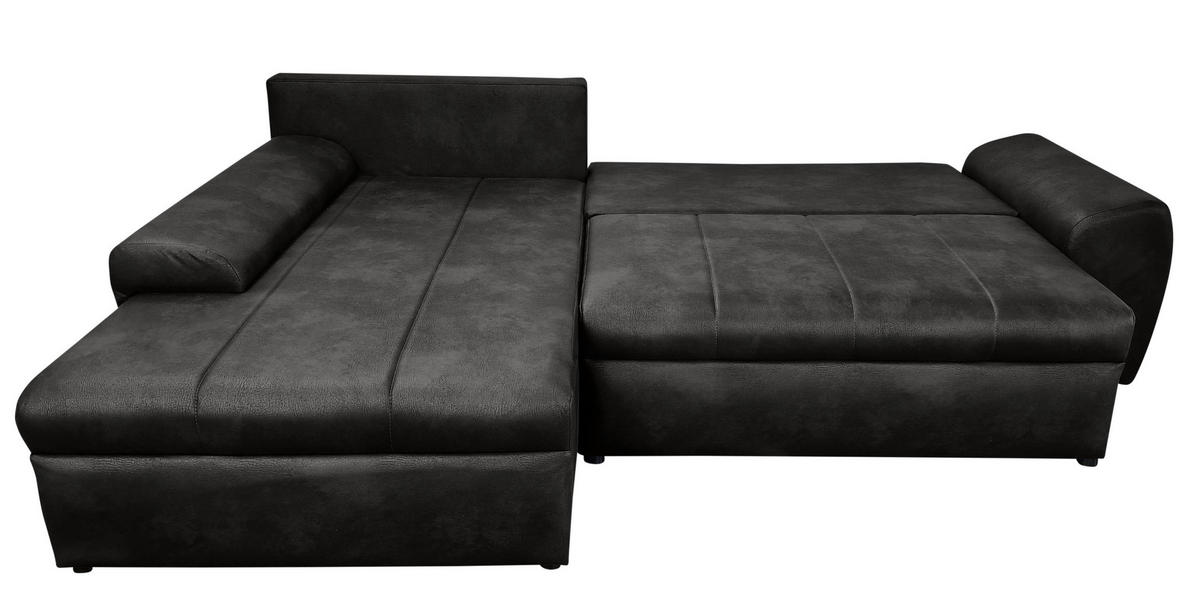 ECKSOFA mit Schlaffunktion, Bettkasten, Wellenunterfederung, Ottomane links B266/T186/H90 cm, Mikrofaser Leder-Optik Vintage Schwarz / 18016 - Schwarz, Kunststoff/Textil (266/186cm) - luma-home