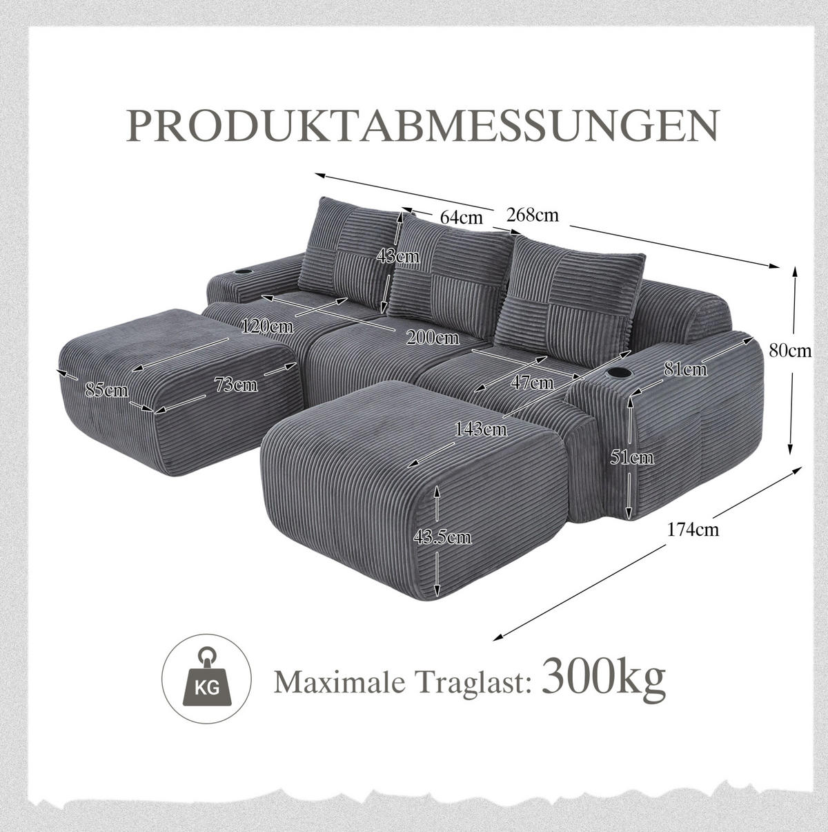 3-SITZER Wohnlandschaft Cord mit Getränkehalter und Seitentasche 268/174/80 cm Dunkelgrau - Dunkelgrau, Textil (174/80/268cm) - Redom