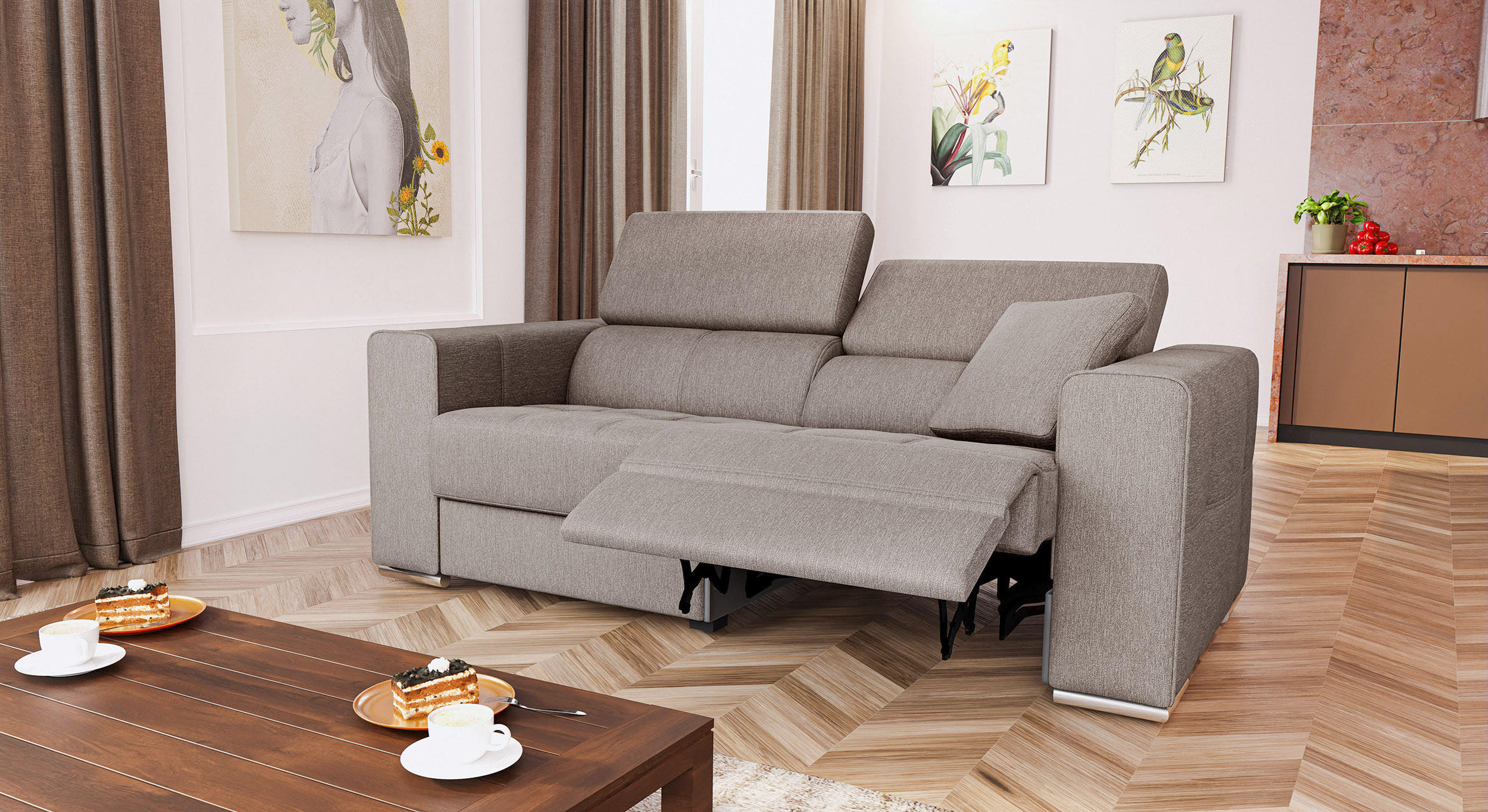 SOFA QUARTZ 3-Sitzer mit 1 Relaxfunktion, beige - Beige/Silberfarben, Holzwerkstoff/Textil (204/80/102cm) - Courtois Laville