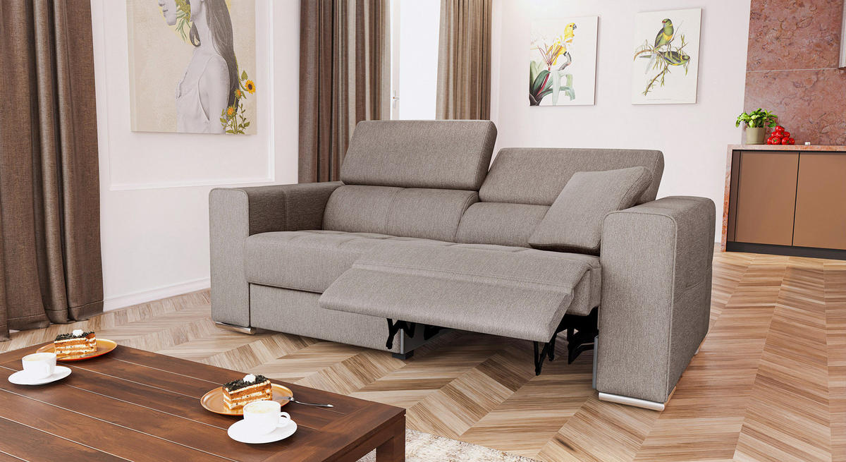 SOFA QUARTZ 3-Sitzer mit 1 Relaxfunktion, beige - Beige/Silberfarben, Holzwerkstoff/Textil (204/80/102cm) - Courtois Laville