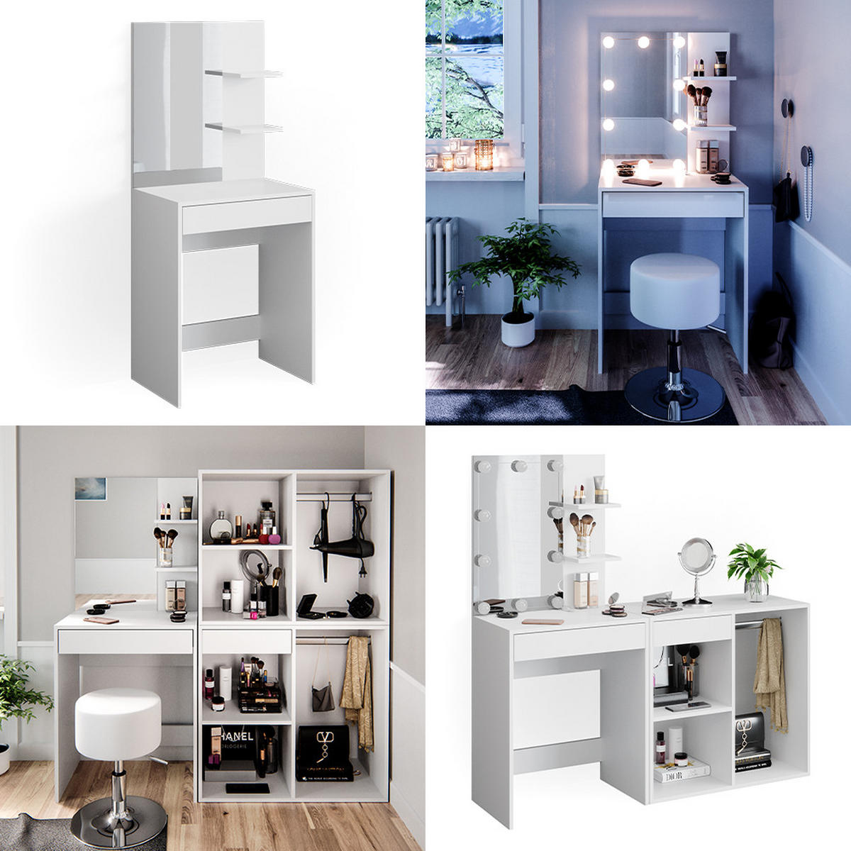 SCHMINKTISCH Isabelle Weiß 60 cm mit Hocker - Weiß, Holzwerkstoff (60/140/40cm) - Vicco