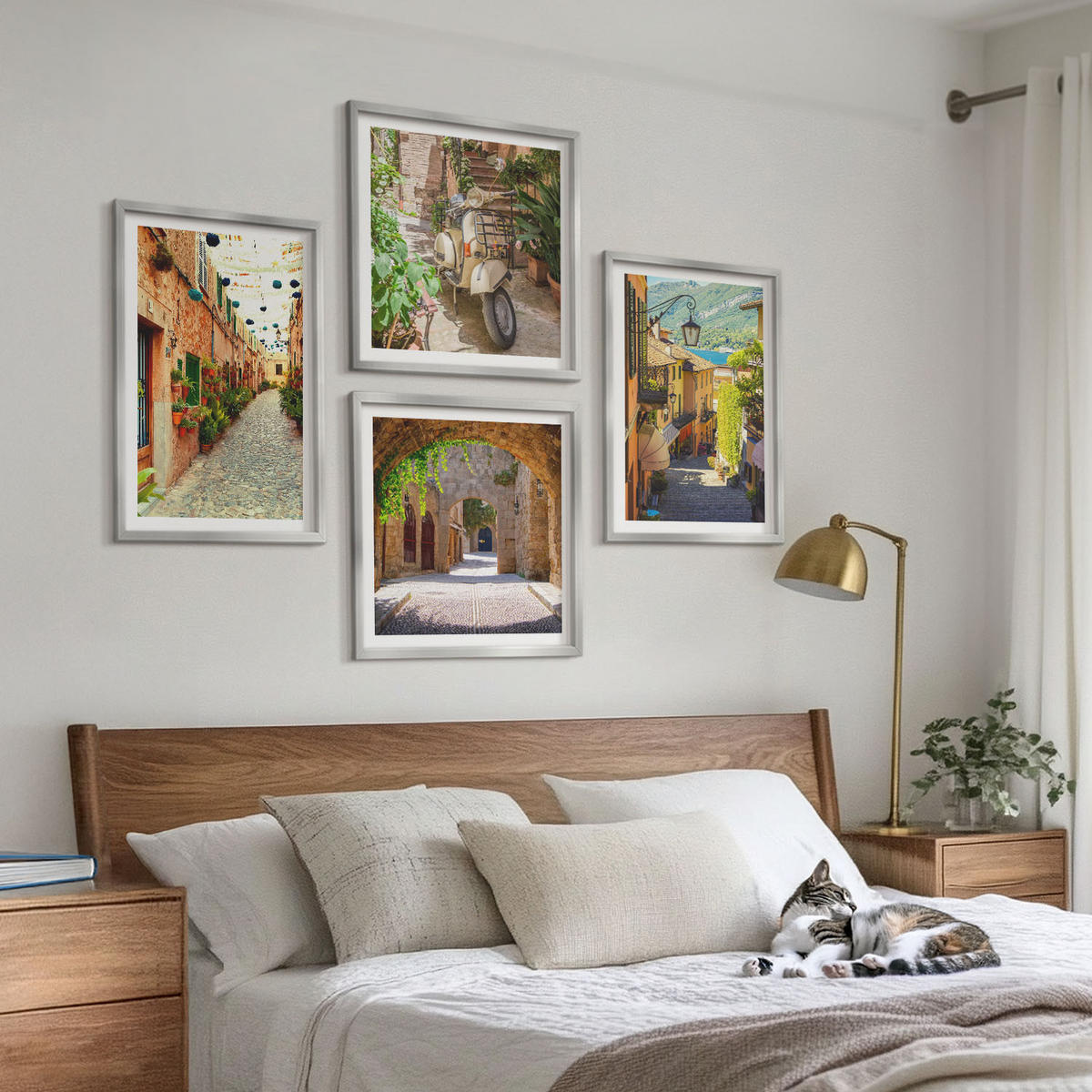 WANDBILDER 4er Set - 50x50 cm & 40x60 cm Silberner Rahmen - Charmante Straßen und Pizza - Silberfarben, Kunststoff (50/50cm) - ArtPrintCave