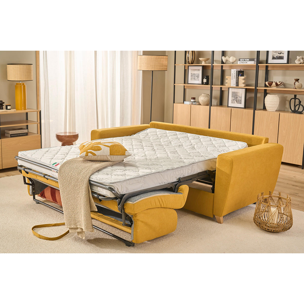 SCHLAFSOFA Skandinavisch Senfgelb Holz GRAHAM - Gelb, Textil (100/88/195cm) - Miliboo
