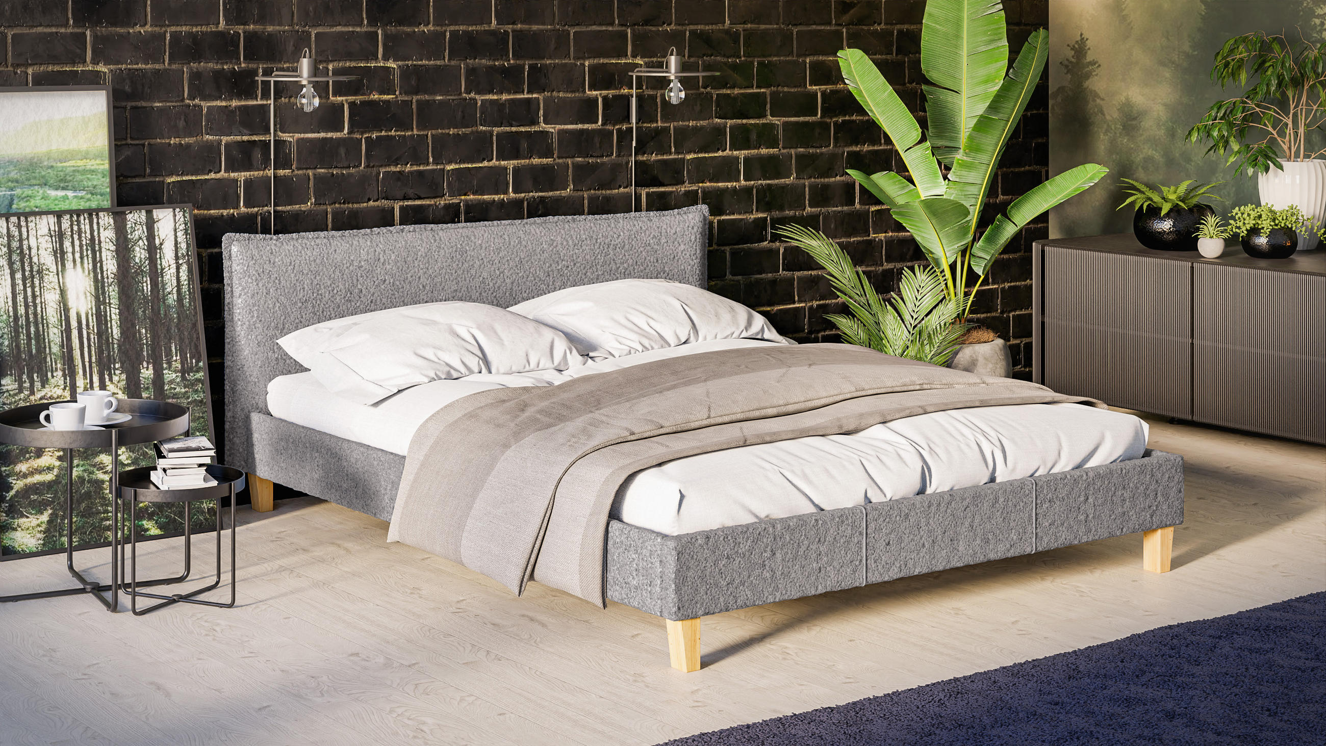 POLSTERBETT Arles 160/200 cm Boucle Stoff - Hellbraun/Grau, Holz/Textil (160/200cm) - S-Style Möbel