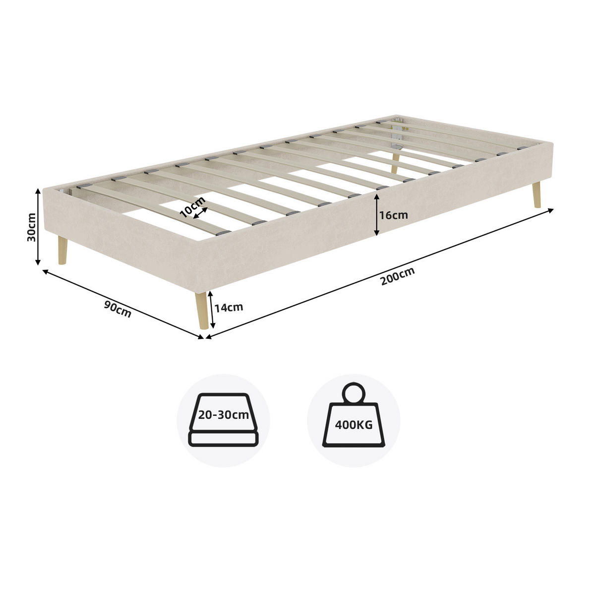 POLSTERBETT 90/200 cm Beige aus Stoff und Metall mit Stauraum - Beige, Textil (90/200cm) - OKWISH