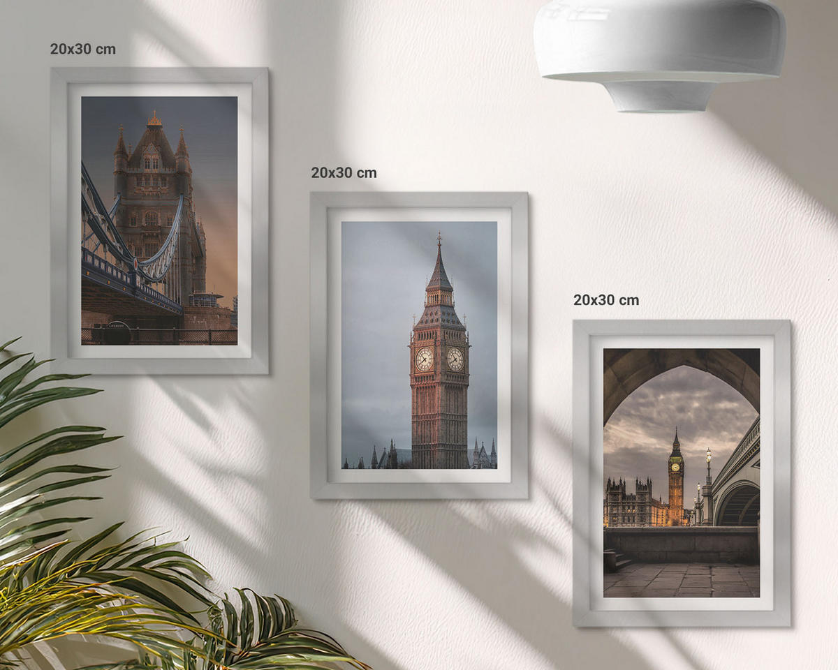WANDBILDER 3er Set - 20x30 cm Silberner Rahmen - London Bridge Big Ben Uhr - Silberfarben, Kunststoff (20/30cm) - ArtPrintCave