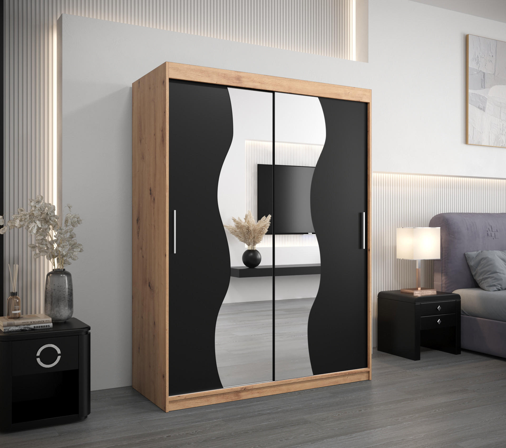 SCHWEBETÜRENSCHRANK 200/150/62 2-türig - Silberfarben/Schwarz, Holz/Kunststoff (150/200/62cm) - MÖBEL KRYSPOL