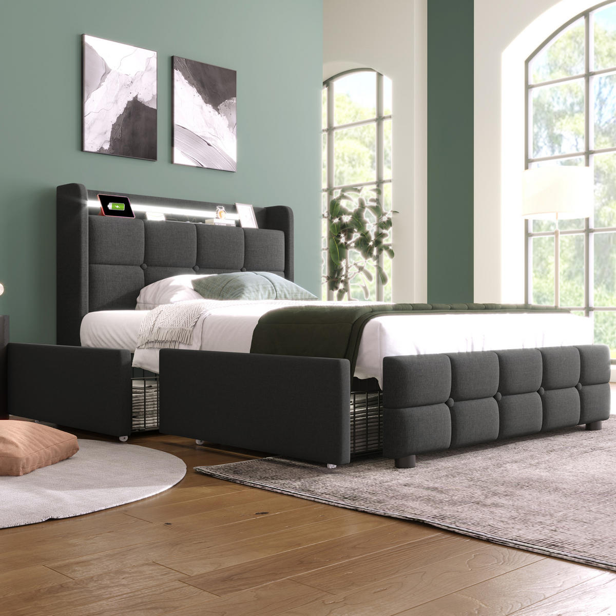 POLSTERBETT mit USB, LED und 2 Schubladen 90x200 cm Grau inkl. Matratze - Grau, Holz (90/200cm) - Meubliv