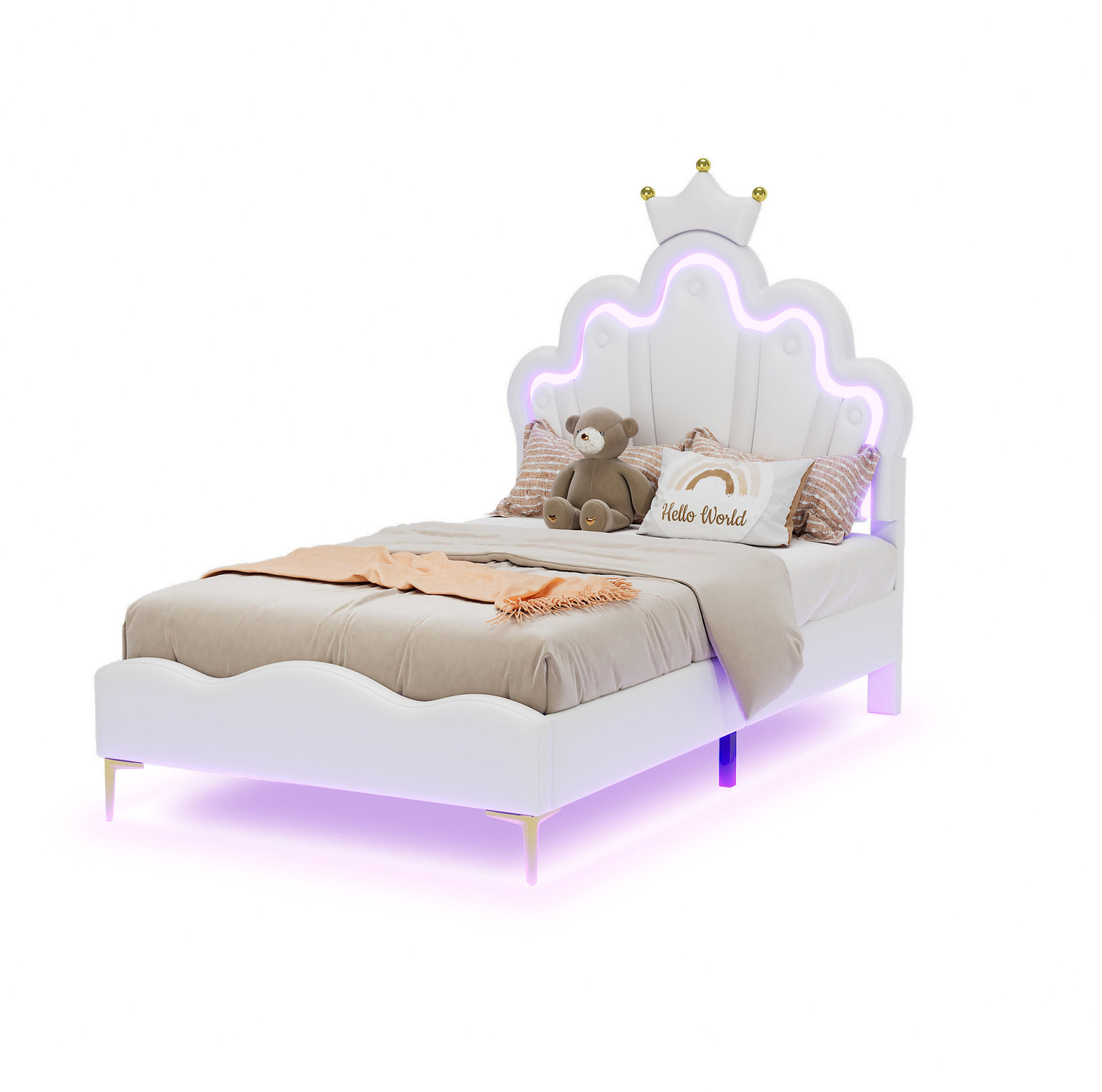 KINDERBETT 90/200 cm in Weiß mit LED-Beleuchtung und Kronen-Kopfteil - Weiß, Kunststoff (90/200cm) - BEAOK