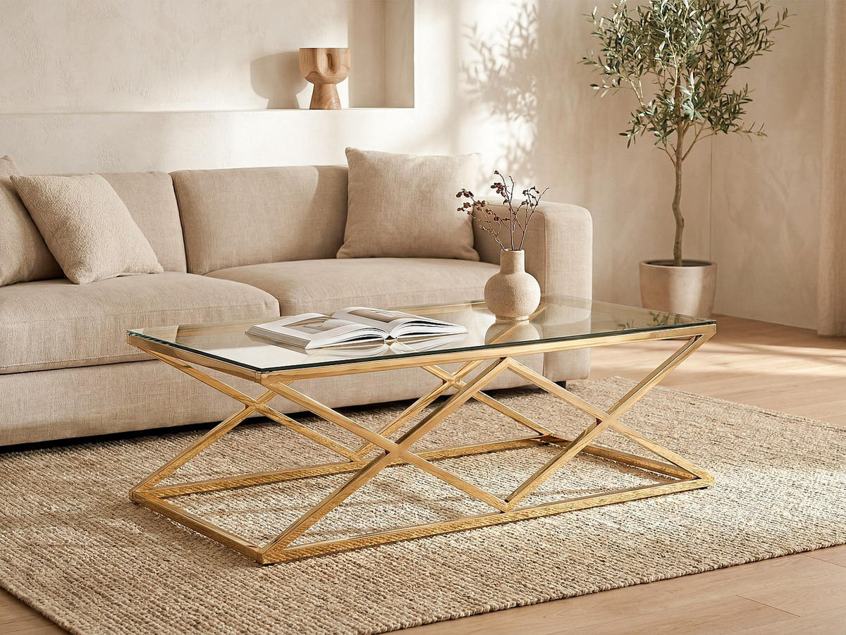 COUCHTISCH - 120 cm x 60 cm - Glas - Transparent, Goldfarben - CHARLOTTE - Transparent/Goldfarben, Glas (60/120/40cm) - Vente-Unique