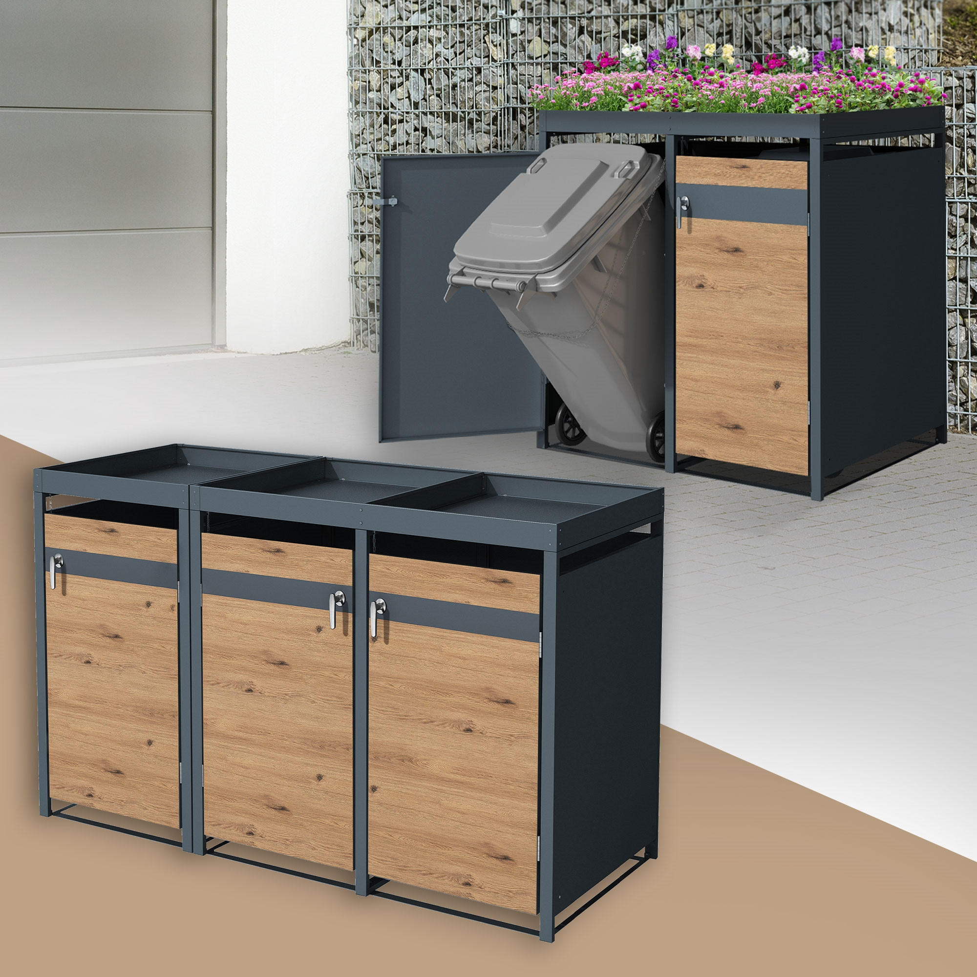 MÜLLTONNENBOX 3er mit Pflanzdach Anthrazit-Eichenoptik - Braun, Metall (80/124/200cm) - ML-DESIGN