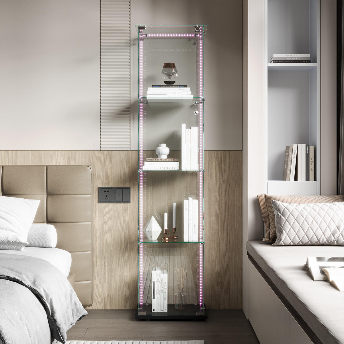 GLASVITRINE mit 4 Ablagen, LED-Lichtleiste, Doppeltüren, Schwarz - Schwarz, Glas (39.8/163/35cm) - BRILVERDE