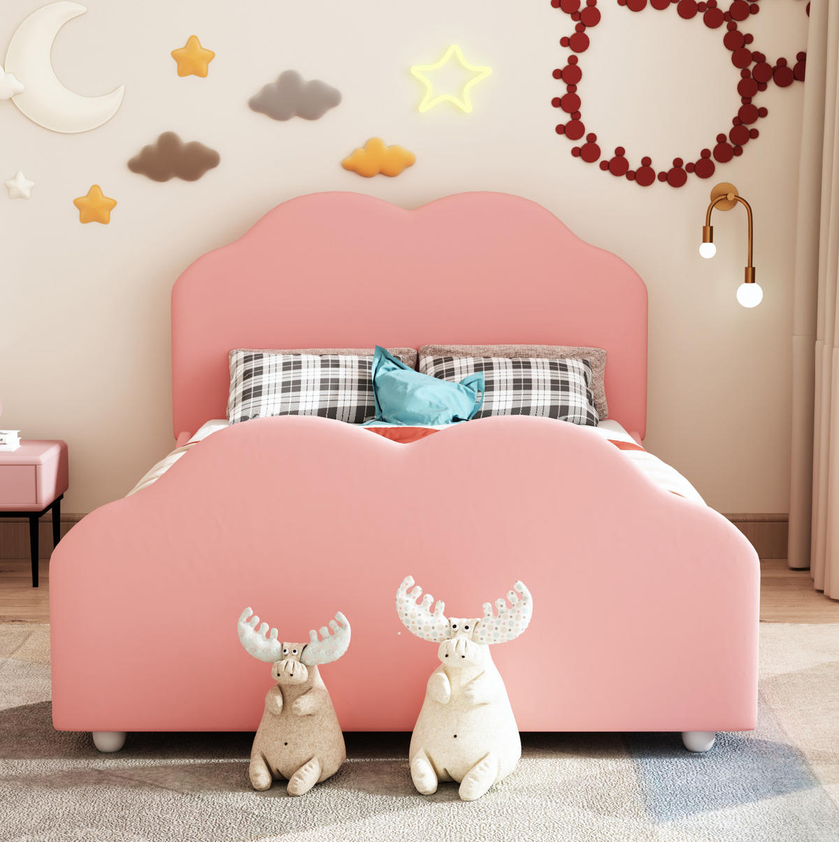 POLSTERBETT 90/200 cm rosa hohes Geländer-Kinderbett mit Wolkenkopf- und Fußteil - Pink, Textil (90/200cm) - OKWISH