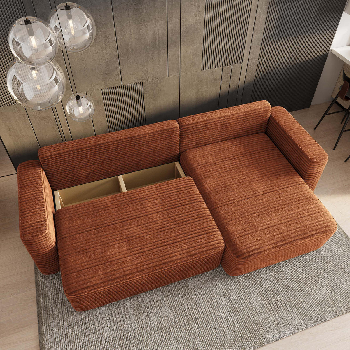 ECKSOFA TELIN Braun Kordstoff mit Schlaffunktion - Braun, Holz (280/162cm) - MASSENO
