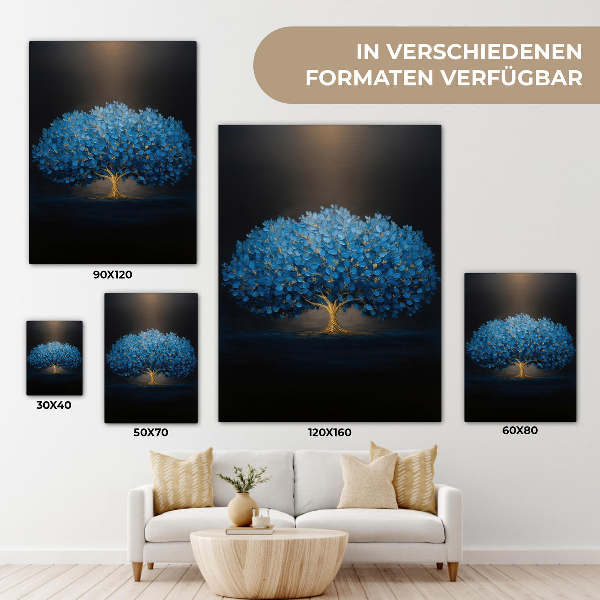 LEINWANDBILD Baum - Blau - Blätter - Pinselstriche Room Decor 30x40 cm - Blau, Textil (30/40cm) - MuchoWow