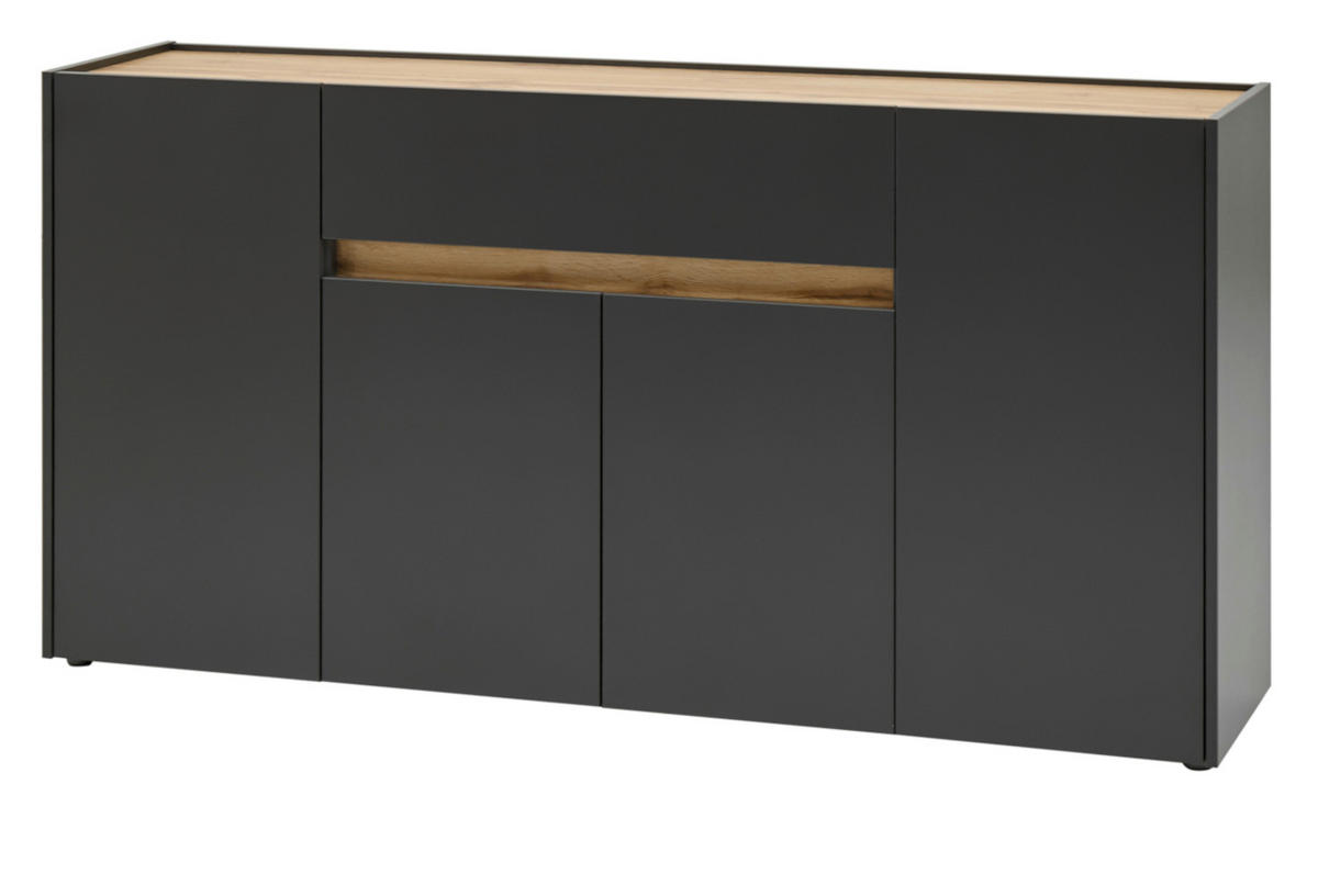 SIDEBOARD grau matt, Eiche Wotan 170 cm, Kommode 4-türig - Eiche Wotan/Schwarz, Holzwerkstoff/Kunststoff (170/87/40cm) - Furn.Design
