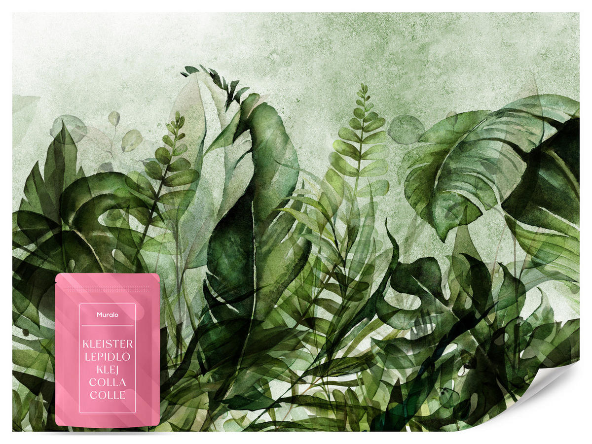 FOTOTAPETE für Wohnzimmer Grüne Blätter auf Beton 150x105 - Schwarz/Grün, Papier (150/105cm) - Muralo