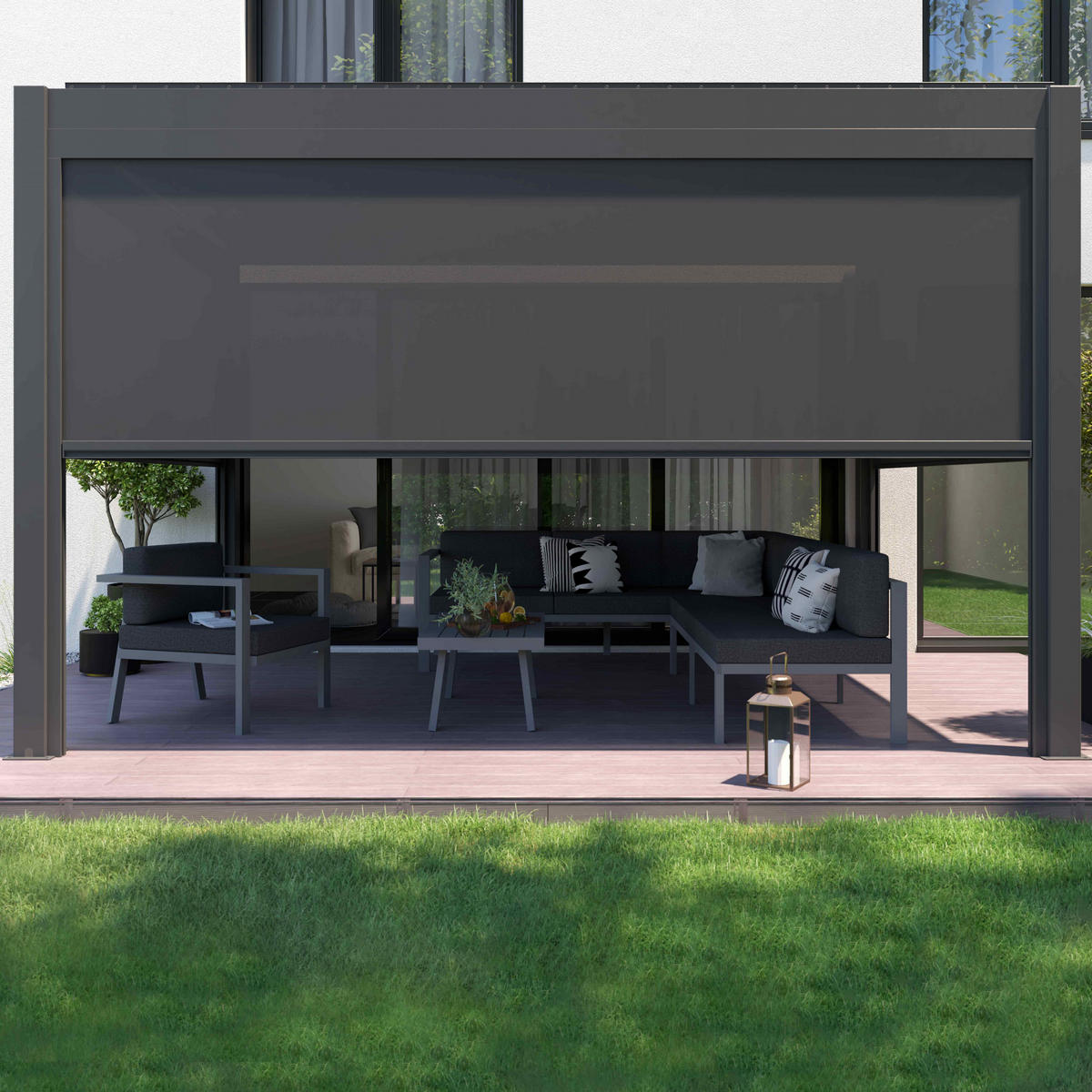 PERGOLA 3x4m, beleuchtet, motorisiert mit 3 Markisen, Grau - Grau, Metall (290/257/397cm) - Oviala