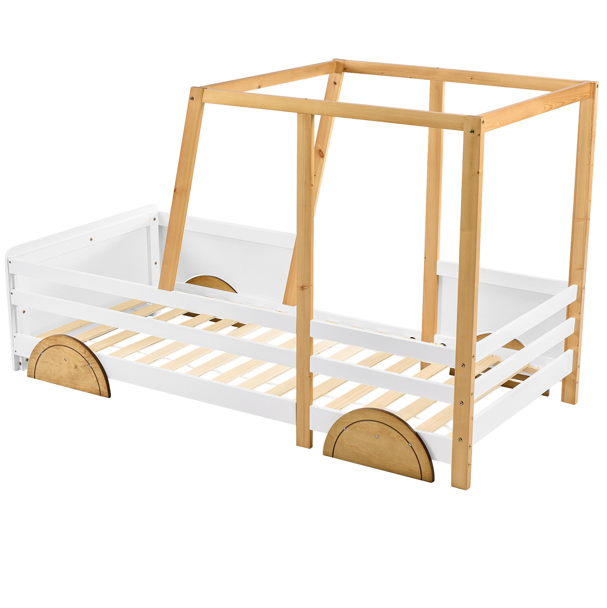 AUTOBETT 90/200 cm Weiß + Natur aus Kiefer mit MDF-Rädern - Weiß, Holz (90/200cm) - OKWISH