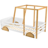 DETSKÁ posteľ 90/200 cm biela s prírodnou a hnedou z masívneho dreva a MDF v tvare auta s ochrannými zábranami - biela, drevo (90/200cm) - OKWISH