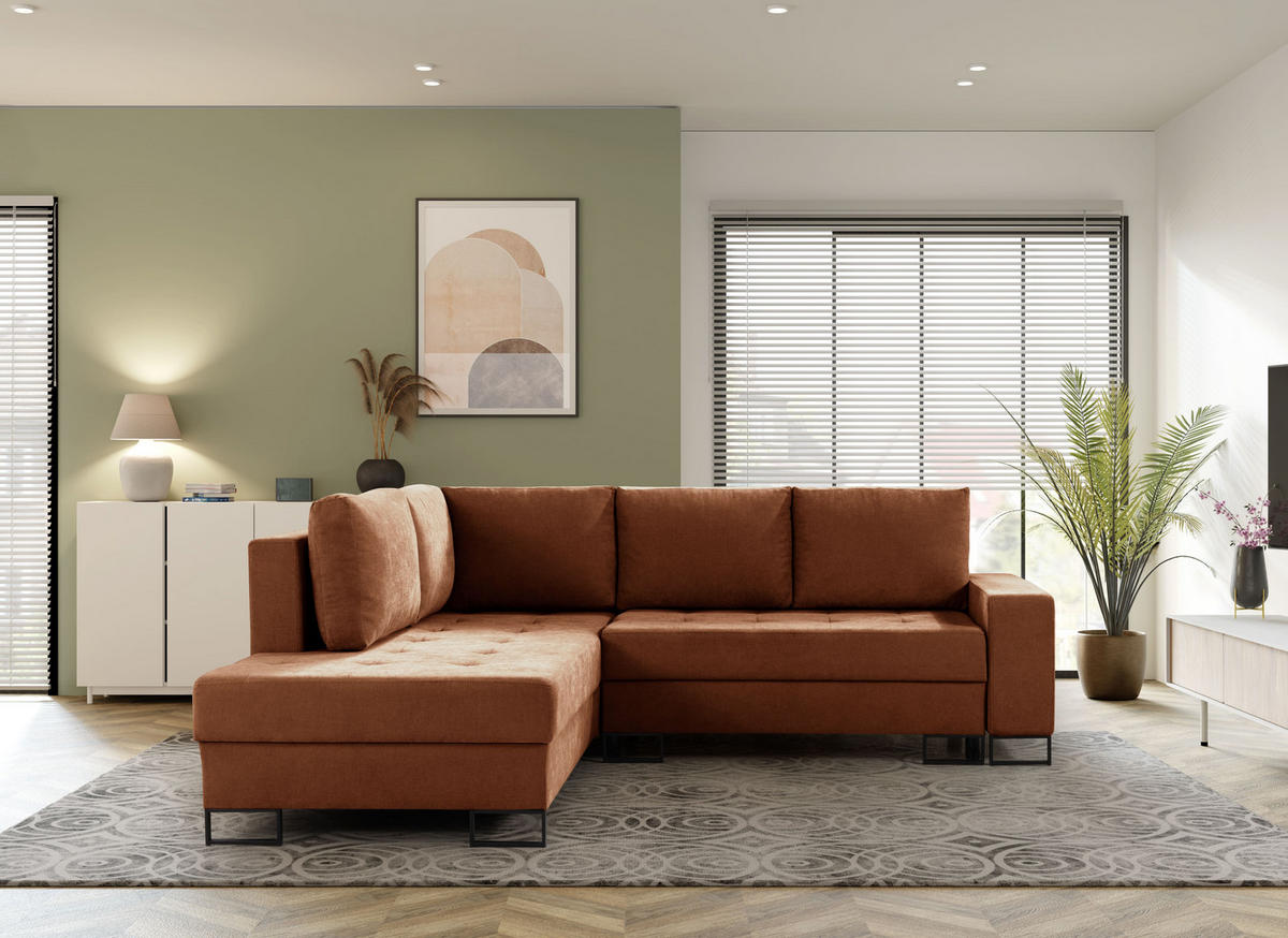 ECKSOFA mit Schlaffunktion Links Rostrot Chenille - 245x200 cm - Trevi - Terracotta/Schwarz, Holz/Holzwerkstoff (245/200cm) - Ravio