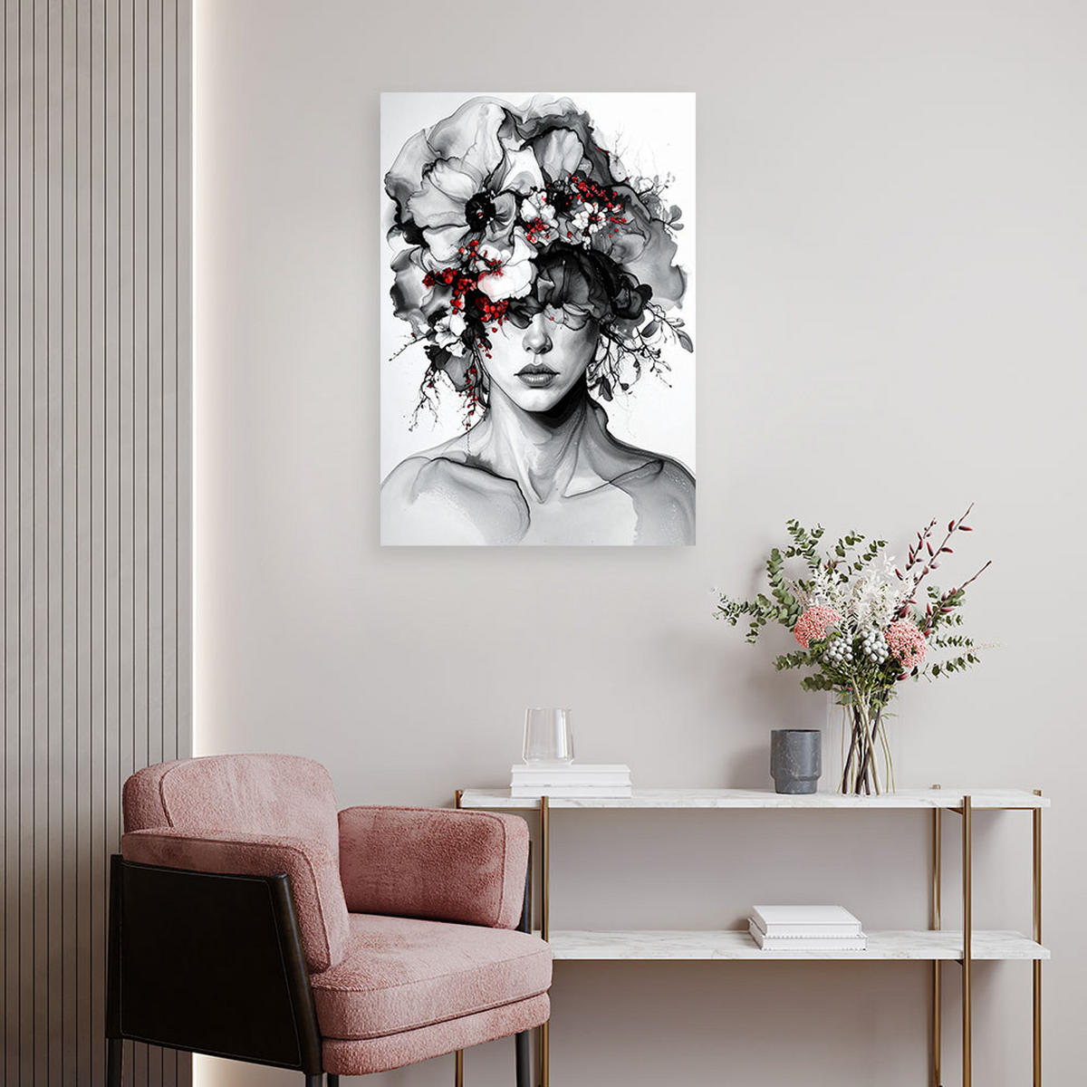 BILD auf Leinwand, Schwarzes und weißes Porträt einer Frau mit Blumenkrone - Schwarz, Textil (70/100cm) - Feeby