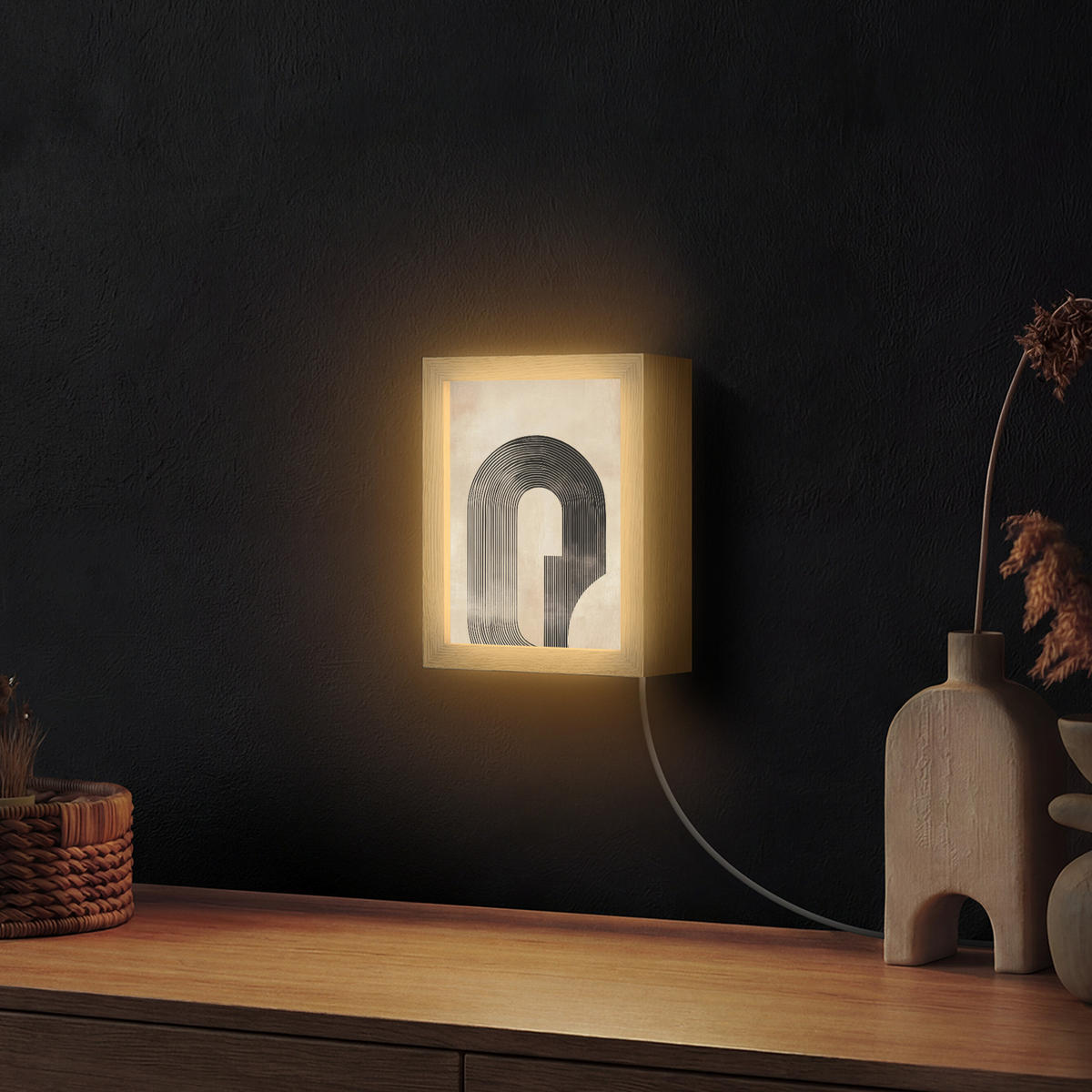 NÁSTĚNNÁ LAMPA Luk - Pruhy - Minimalistický - Černý 15x20 cm - béžová, kompozitní dřevo (15/20/8cm) - OnlyWow