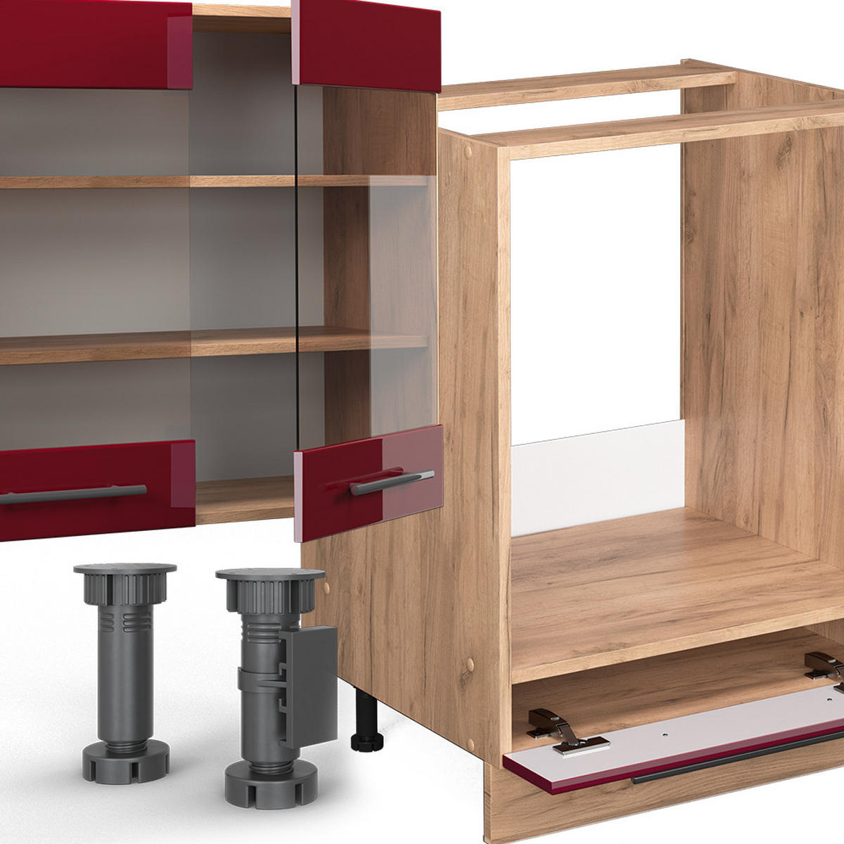 KÜCHENZEILE Fame-Line Bordeaux Hochglanz/Goldkraft Eiche 300 cm ohne AP - Bordeaux/Eiche Wotan, Holzwerkstoff (300/81.6/46cm) - Vicco