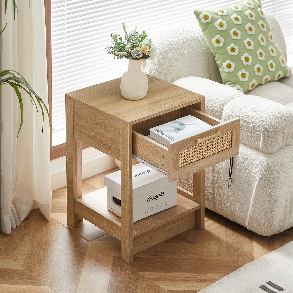 NACHTTISCH 40/40/55 cm in Natur mit Rattanfront und Schublade - Hellbraun, Holzwerkstoff (40/55/40cm) - Flora Grace