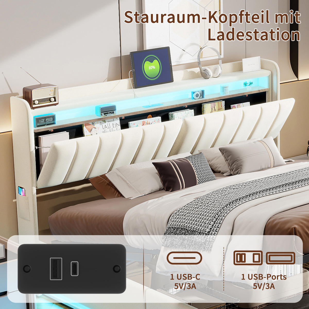 POLSTERBETT 140x200 cm mit LED, Bettkasten & USB, Beige - Beige, Metall (140/200cm) - EuroLiving