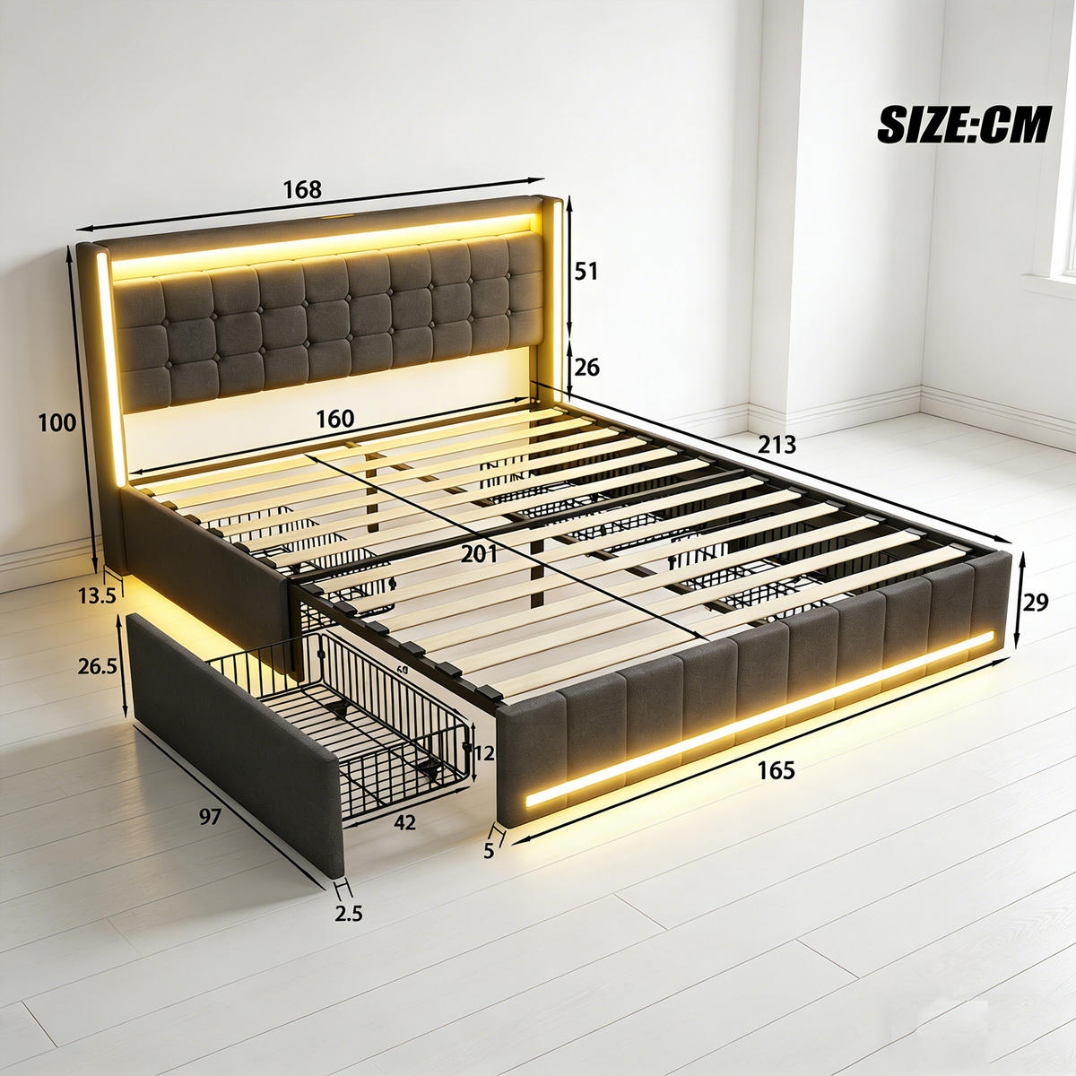 POLSTERBETT 160x200 cm mit 4 Schublade, Doppelbett 160x200 cm mit LED und USB, Lattenrost, Bett 160x200, Dunkelgrau Leinenstoff - Dunkelgrau, Holzwerkstoff/Textil (160/200cm) - GENKI LIVING