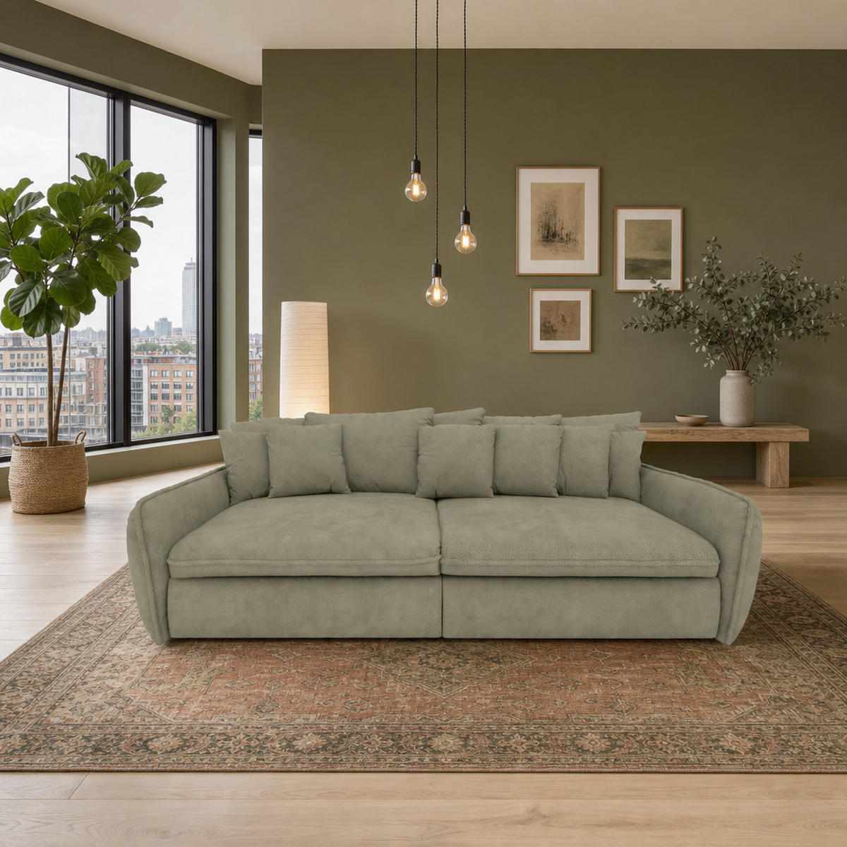 BIGSOFA Hereford Velvet Grün inkl. 11 Kissen 234/131/61 cm - Salbeigrün, Kunststoff/Textil (234/61/131cm) - foamnova