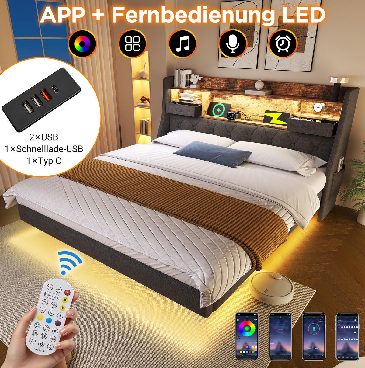 POLSTERBETT 180/200 cm Grau aus Leinen mit LED-Beleuchtung und USB-/Type-C-Anschlüssen - Grau, Textil (180/200cm) - Flora Grace