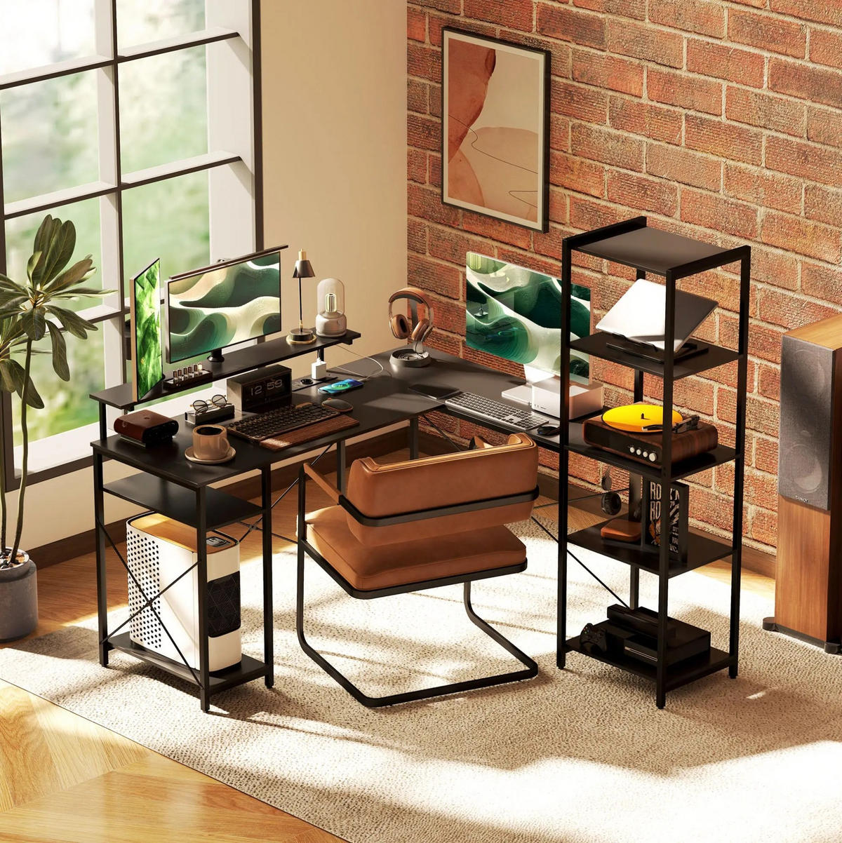 SCHREIBTISCH L-förmig mit Ladestation und Regal Schwarz - Schwarz, Metall (137/140/139.5cm) - Meubliv
