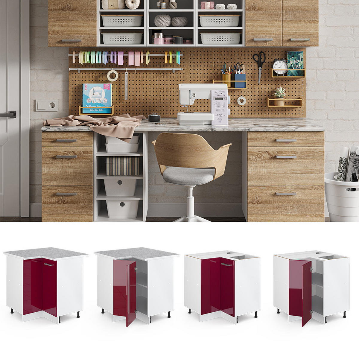 ECKSCHRANK FÜR HAUSRAT R-Line Bordeaux Hochglanz 75.6 cm mit Tür, ohne Arbeitsplatte - Bordeaux/Weiß, Holzwerkstoff (75.6/81.6/46cm) - Vicco