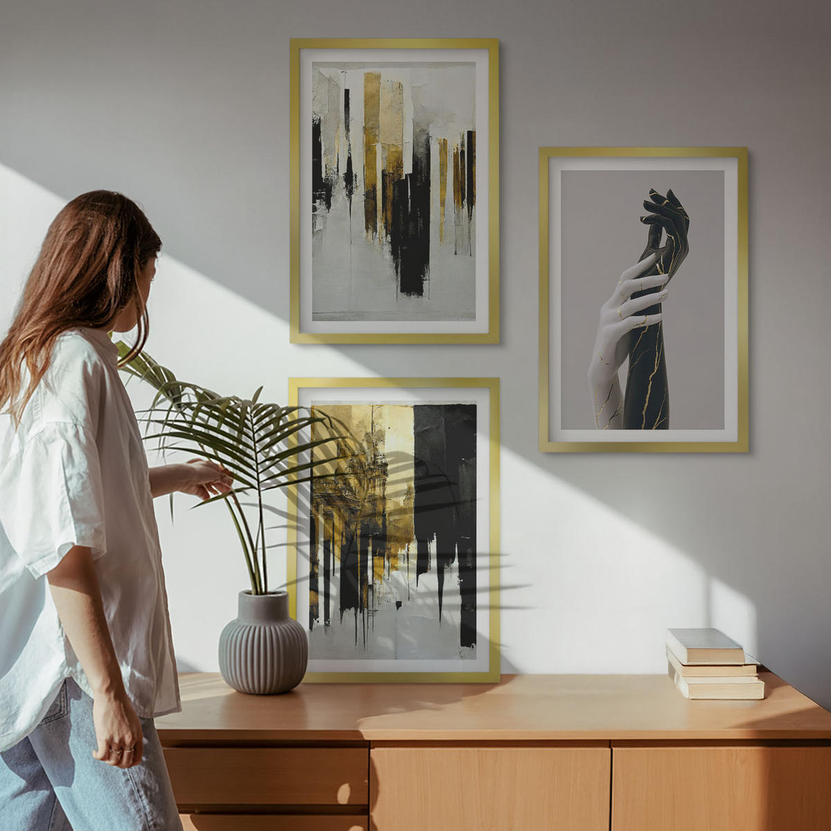 BILDER SET 3er Set - 40x60 cm Goldrahmen - Abstrakte handgemalte Muster - Goldfarben, Kunststoff (40/60cm) - TULUP