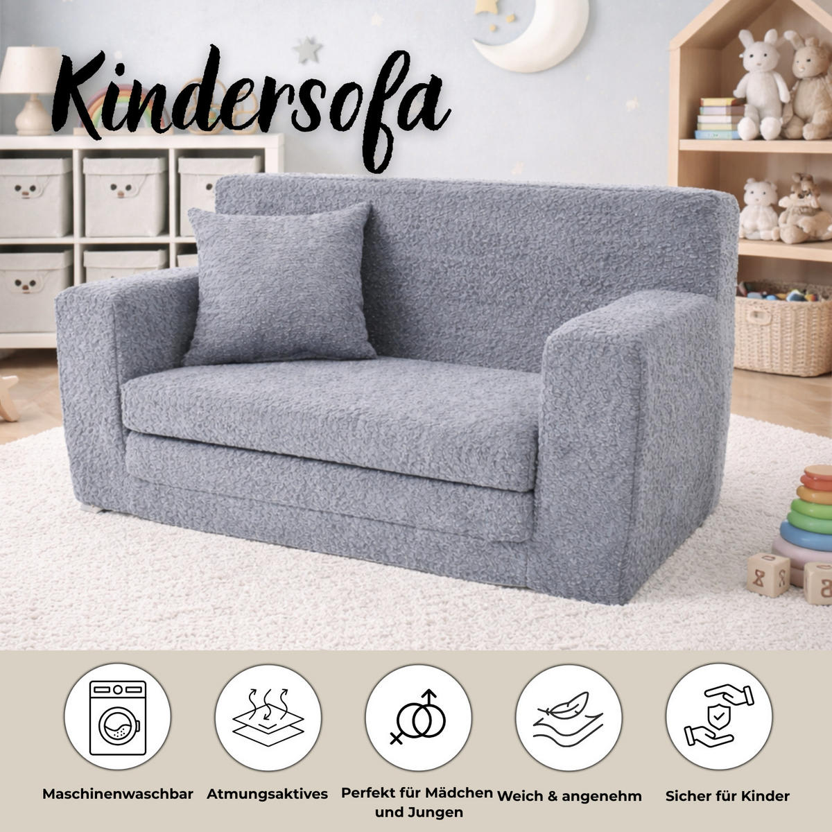 KINDERSOFA David – Stilvoller Komfort für das Kinderzimmer - In den Trendfarben - Grau, Textil (83/47/43cm) - Fortisline