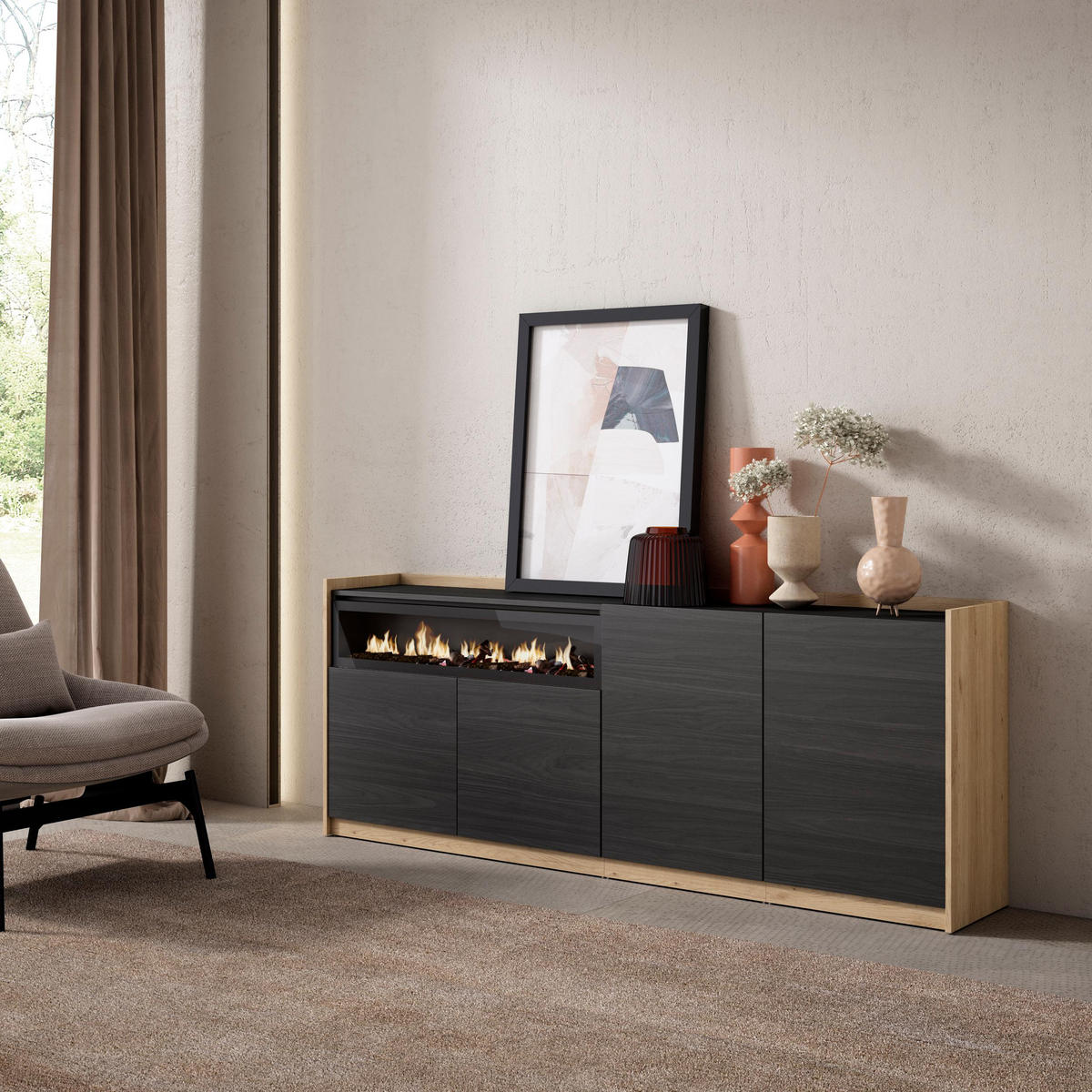 SIDEBOARD, Highboard, Schwarz Eiche, Elektrokamin, 207/37/80cm - Schwarz, Holzwerkstoff (207/80/37cm) - Skraut Home