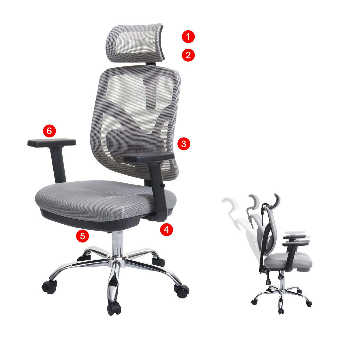 BÜROSTUHL Grau - Grau, Textil (66/127/93cm) - SIHOO