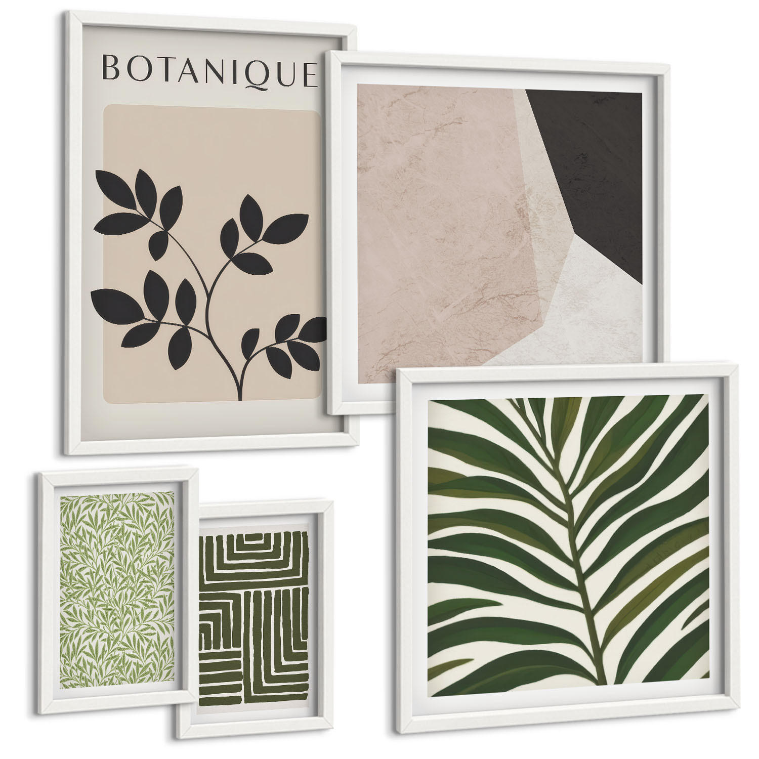 BILDER SET 5er Set - 50x50 cm & 20x30 cm & 40x60 cm Weißer Rahmen - Botanische Boho-Kompositionen - Weiß, Kunststoff (40/60cm) - TULUP