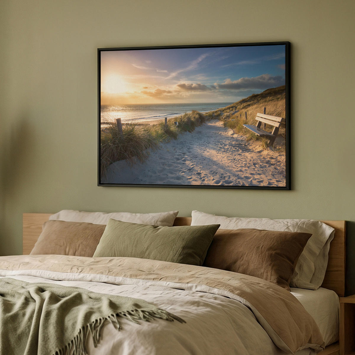 LEINWAND Bilder mit Rahmen - Sonnenuntergang - Strand - Düne - Gras - Ufer - 100x70 - Sandfarben, Textil (100/70cm) - MuchoWow