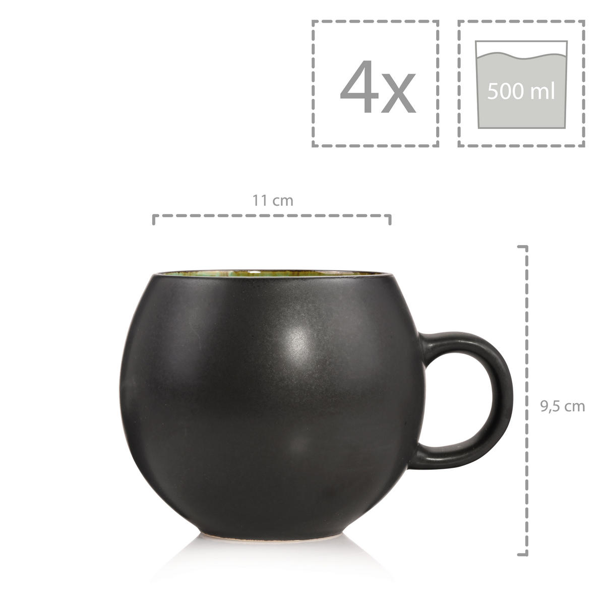 CAPPUCCINOTASSEN SET PALM BEACH - 4 teilig aus Steingut - Grün, Keramik (0.5L) - Sänger