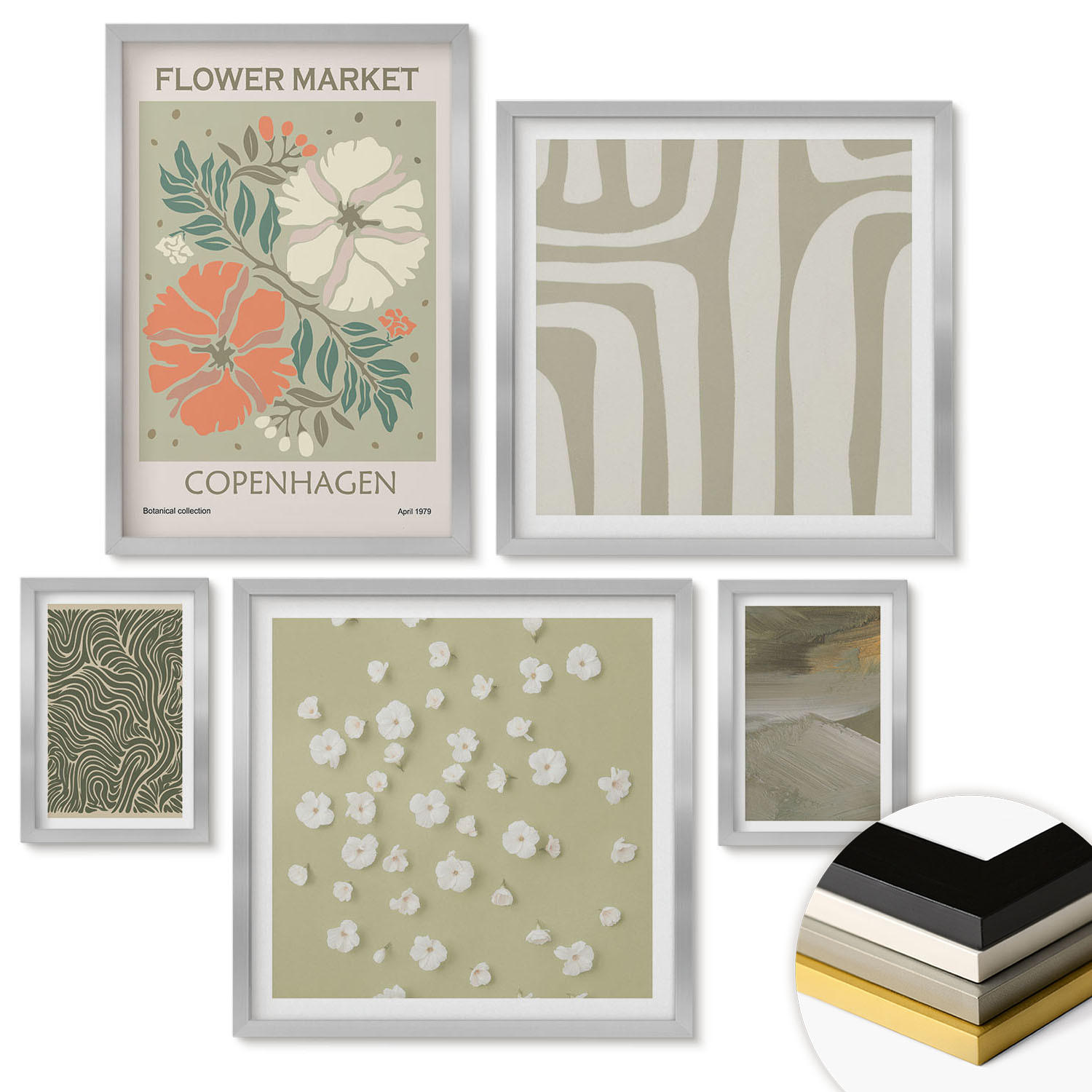 WANDBILDER 5er Set - 50x50 cm & 20x30 cm & 40x60 cm Silberner Rahmen - Abstrakte Boho-Muster - Silberfarben, Kunststoff (40/60cm) - ArtPrintCave