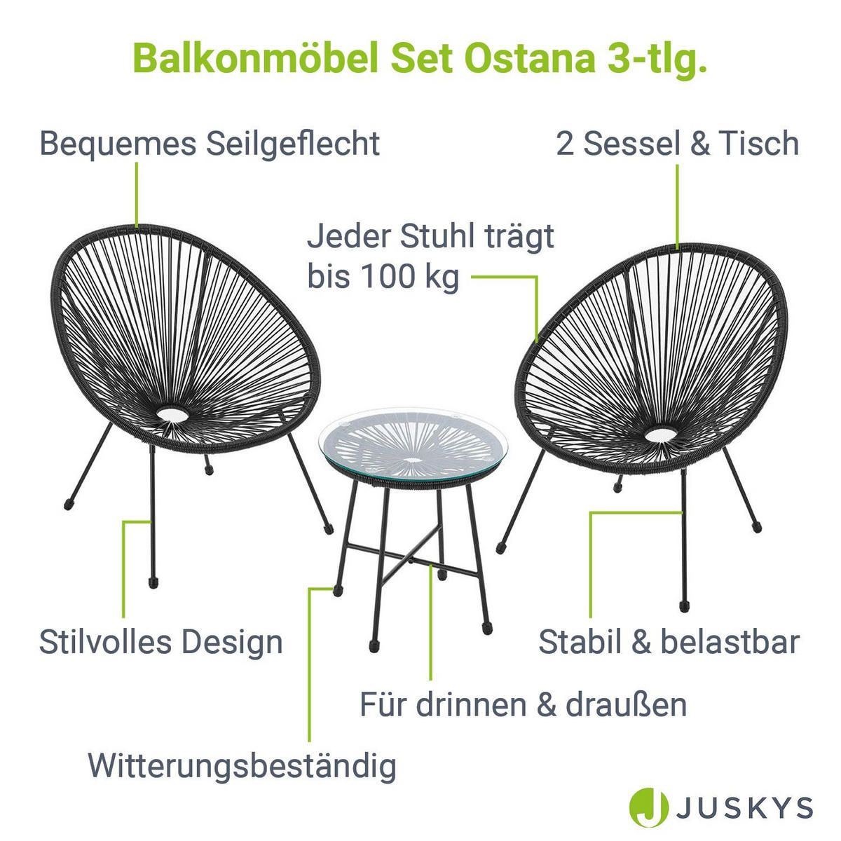 BALKONMÖBEL-SET Ostana schwarz 3-tlg. - Schwarz, Metall - Juskys