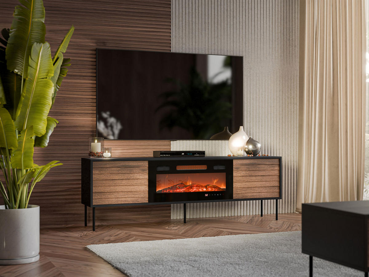 TV-LOWBOARD Cortina 180 mit Elektrische Kamin - Schwarz/Braun, Holzwerkstoff/Metall (180/60/40cm) - MIRJAN24